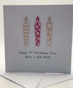 7th birthday card with candles in pink front